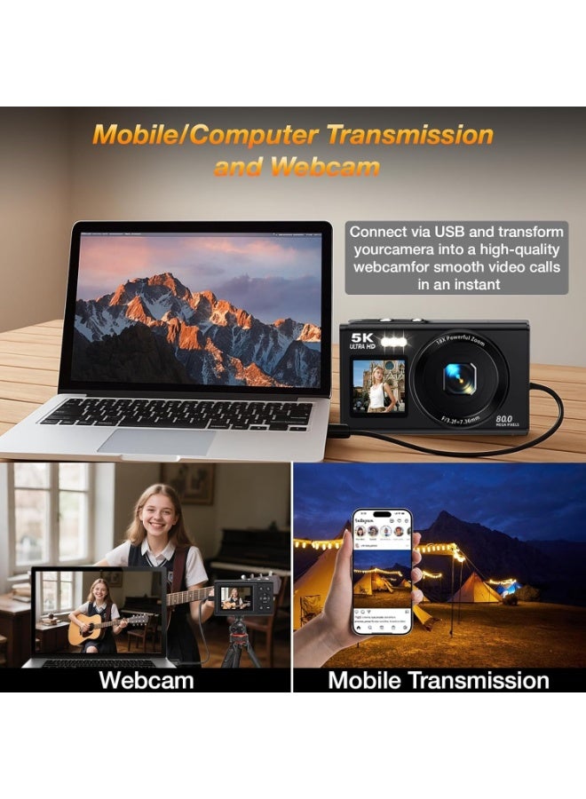 Digital Camera, 5K Point and Shoot Digital Cameras with 128GB SD Card, 80MP Digital Camera for Photography and Video, Vlogging Camera with 3'' Flip Screen, 18X Digital Zoom Cameras Digital for Kids Boys Girls - Image 4