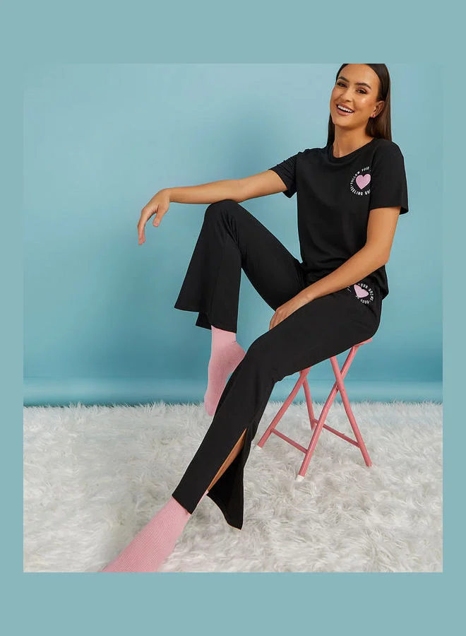Styli Heart Graphic Loopback T-shirt and Flare Trouser Lounge Set