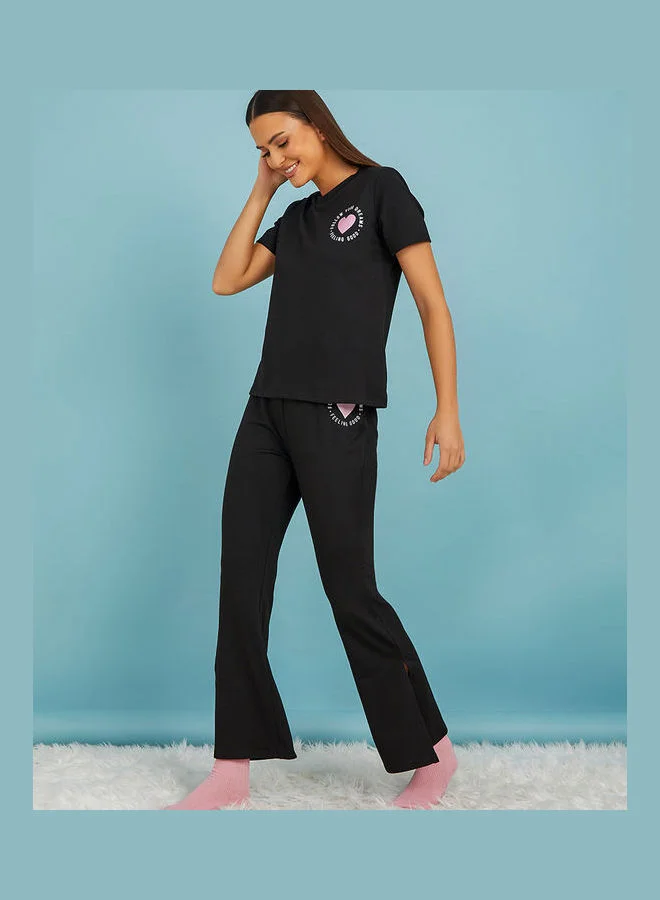 Styli Heart Graphic Loopback T-shirt and Flare Trouser Lounge Set
