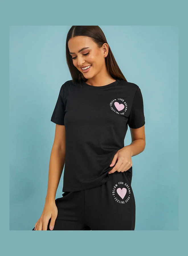 Styli Heart Graphic Loopback T-shirt and Flare Trouser Lounge Set