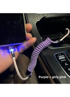 Car RGB Gradient Luminous Fishing Net Braided Spring Wire For Iphone 15/16carplay Data Charging Line-Color:Usb Supports 6-14 Slow Charging For Iphone 12w-Model:Fishing Net Braided Line [purple + Girly Pink] Silver Bee Net Luminous Shell