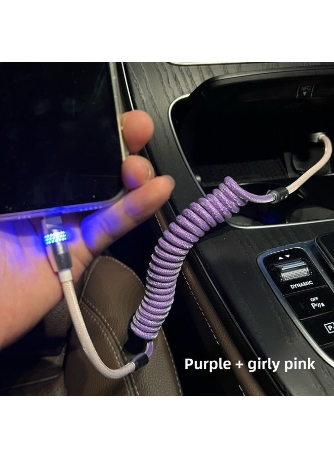 Generic - Car RGB Gradient Luminous Fishing Net Braided Spring Wire For Iphone 15/16carplay Data Charging Line-Color:Usb Supports 6-14 Slow Charging For Iphone 12w-Model:Fishing Net Braided Line [purple + Girly Pink] Silver Bee Net Luminous Shell - Image 1