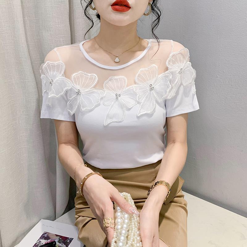 Real shot 2023 Summer new fashion all-match design sense mesh stitching lace diamond flower short sleeve t-shirt women - Image 1