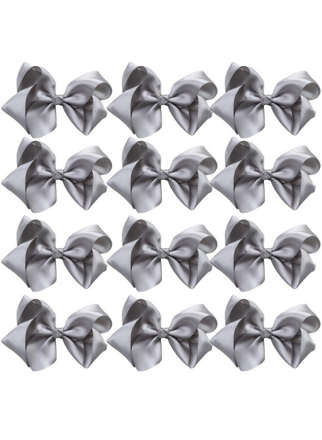 4 Inch Boutique Girls Hair Bows Hair Clips for Girls Toddlers 12 Pcs Solid Color (Silver)