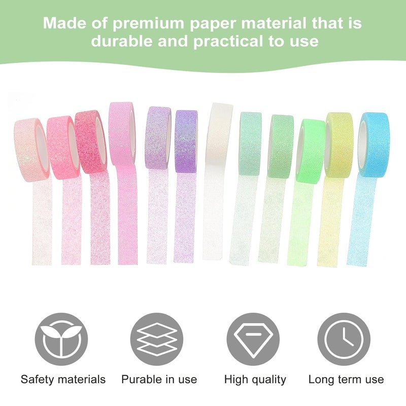 12 Rolls Glitter Washi Tape DIY Paper Decor Colored Craft Decorative Tapes for Scrapbooking and Hand Account Pastel Rainbow Colors Self-Adhesive for Creative Projects - Image 2