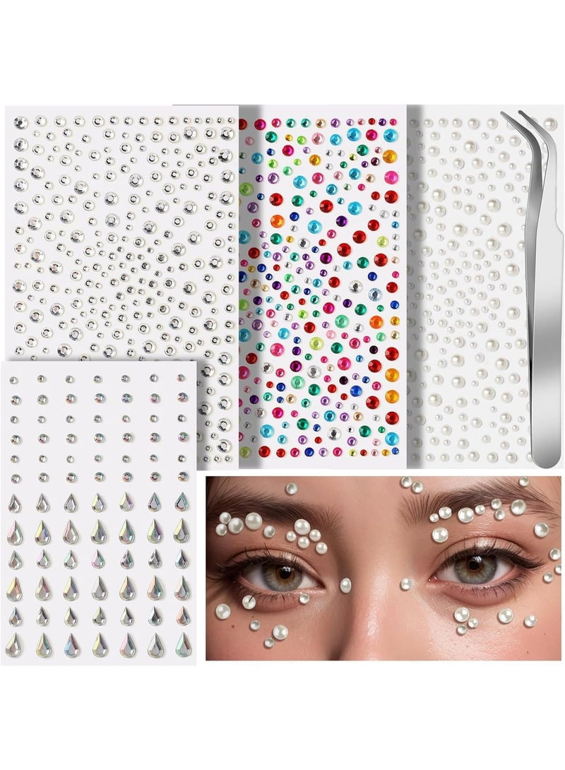 Self Adhesive Face Gems and Pearls for Makeup, Festival Jewels, Hair Gems, Rhinestone Stickers, Not Irritate Your Skin, Easy to Use, for Face, Eye, Makeup, Nail, Body, Crafts - Image 1