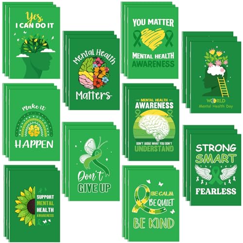 Dinifee 100 Pcs Mini Mental Health Notepads Small Memo Pad Notepads Bulk Mental Health Awareness Green Ribbon Pocket Notebooks, 10 Styles - Image 1