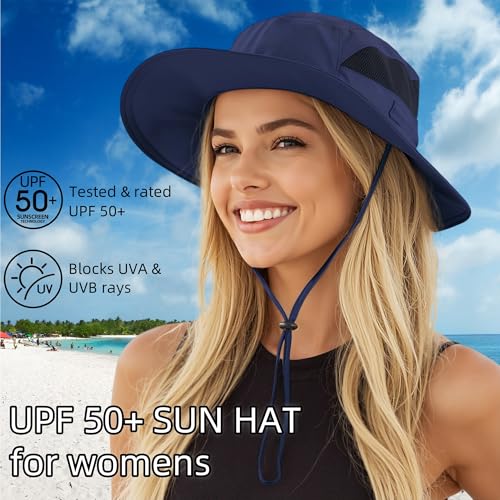 Connectyle Womens Outdoor Mesh Boonie Sun Hat Summer Wide Brim UV Protection Fishing Hat Safari Cap Navy Blue - Image 2