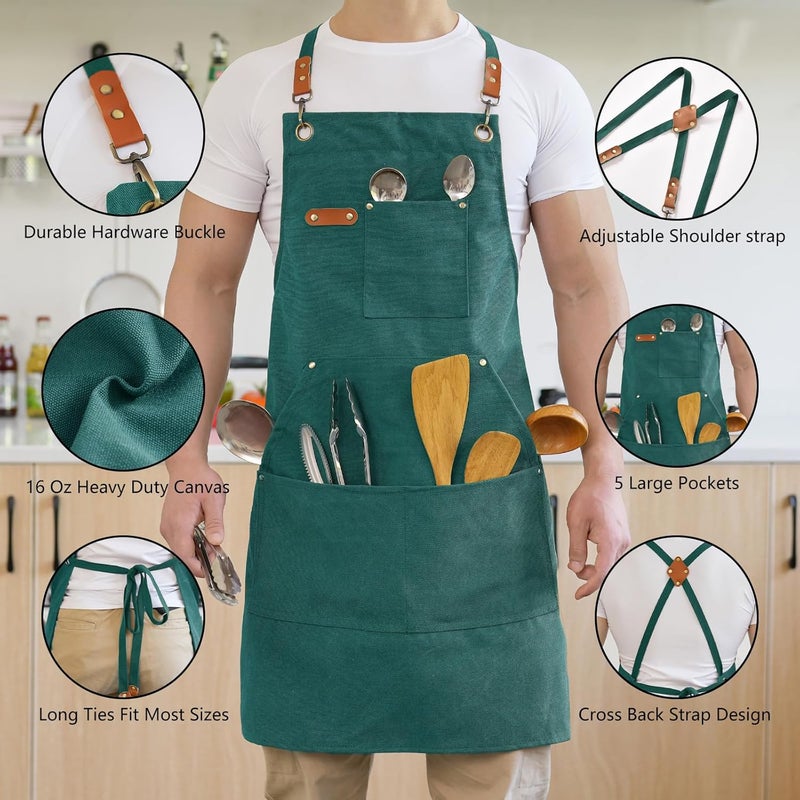 Aoomzoon Canvas Aprons for Men Chef Apron, Work Apron with Large Pockets - 16oz Heavy Duty Cross Back, BBQ, Cooking - Image 4