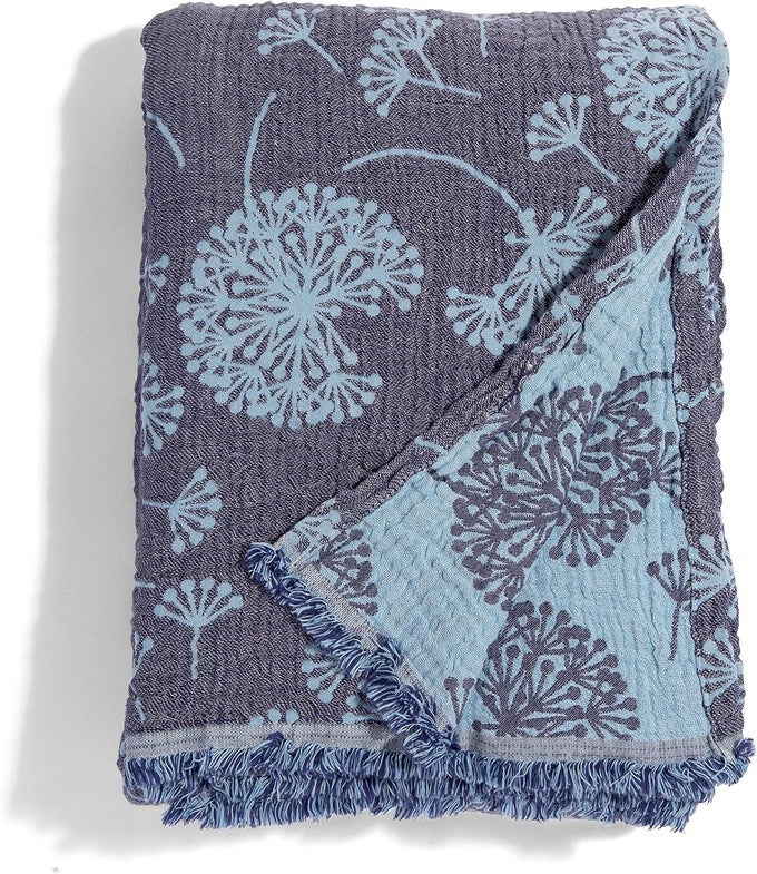 LARGE TURKISH MUSLIN THROW BLANKET REVERSIBLE DANDELION DESIGN 100 TURKISH COTTON GAUZE 92 X 65 SOFT THIN LIGHTWEIGHT BREATHABLE SOFA BED PICNIC BEACH YOGA NAVYBLUE