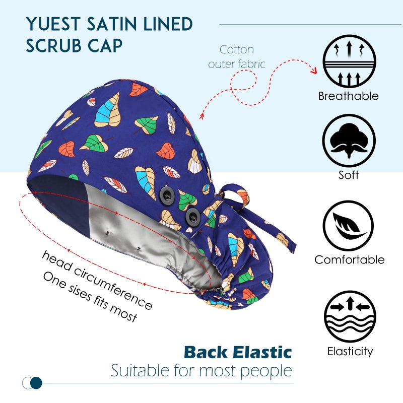 Yuest Satin Lined Scrub Caps with Buttons & Sweathand, Surgical Caps for Women - Image 3