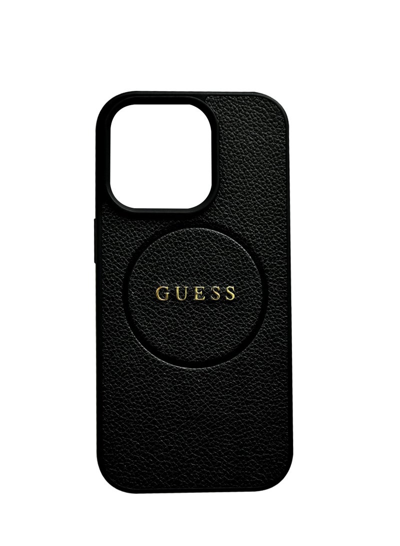 GUESS Guess Magsafe PU Grained Hard Case With Gold Ring For iPhone 16 Pro - Black