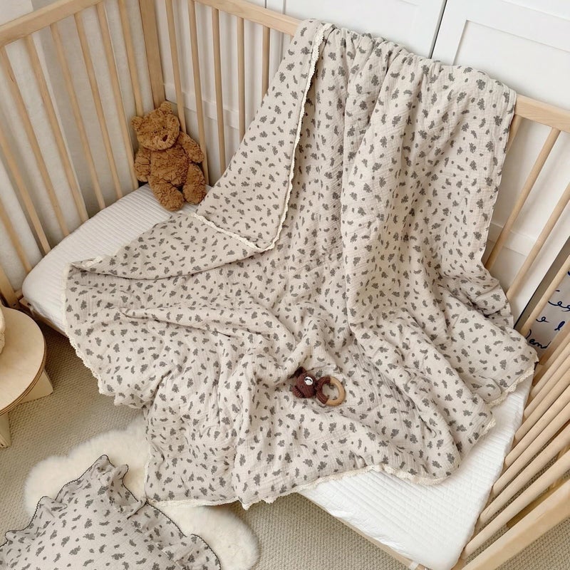 BuLuTu DoubleLayer Cotton Muslin Toddler Bed Blanket Lightweight Baby Quilt Vintage Orchid Flower Print Crib Comforter with Chic Lace Edges Soft Breathable Kids Blankets 47x59 Inches - Image 2