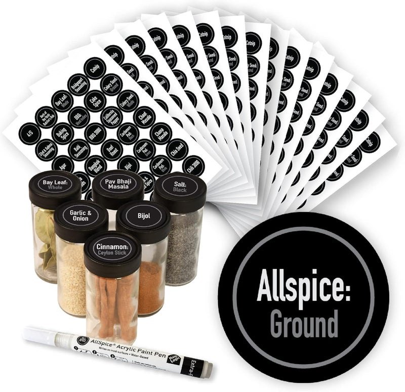 AllSpice Ultimate Spice label Set 525 Preprinted Water Resistant Round Spice Jar Labels Set 1.5" with Extra Fine White Paint Pen(Modern Black) - Image 1