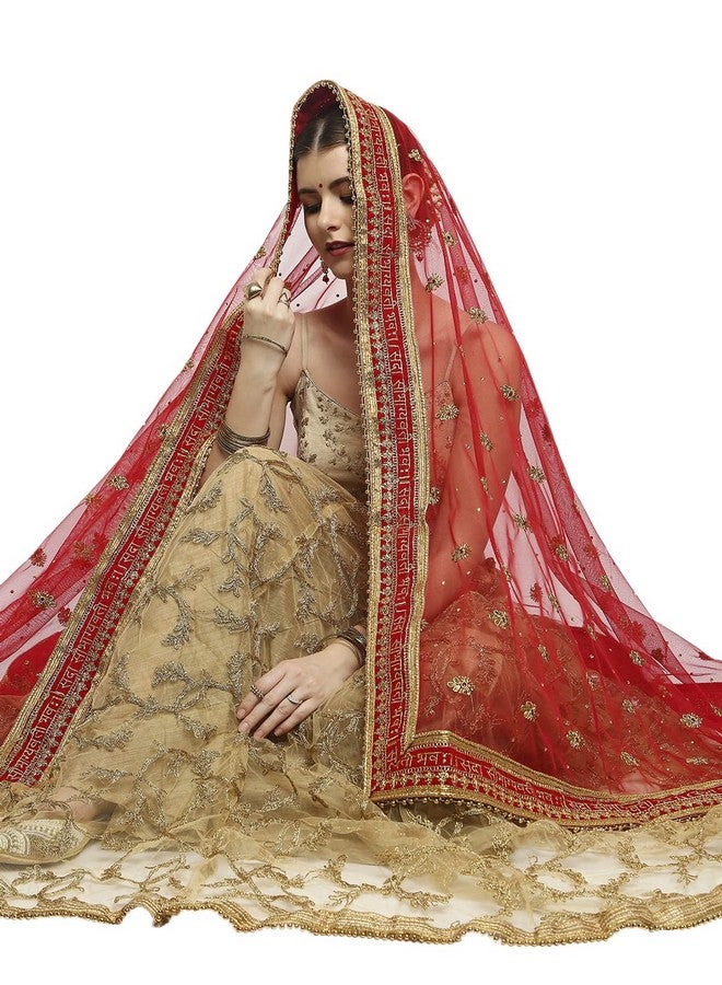 DUPATTA BAZAAR Women's Red Bridal Sada Saubhagyawati Bhav Net Dupatta - Image 2