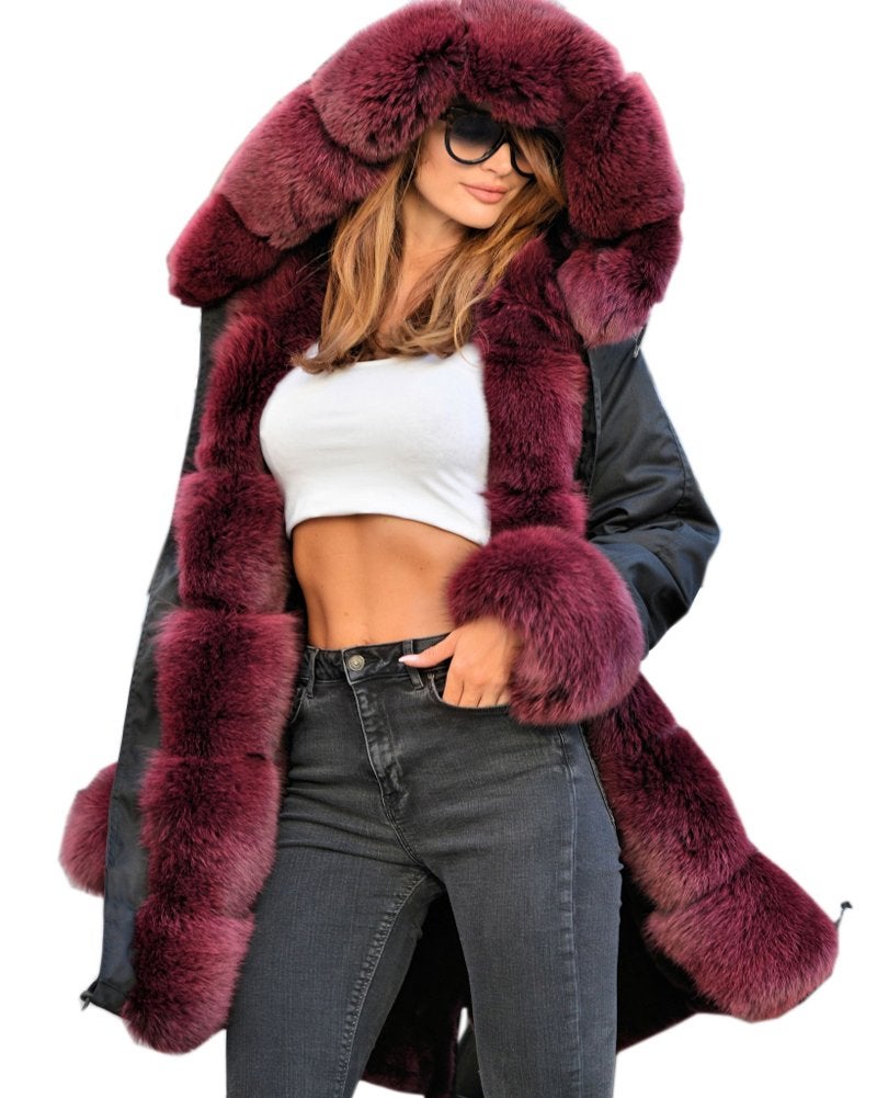 Roiii Women Thicken Warm Winter Coat Hood Parka Overcoat Long Jacket Outwear black wine size:small. - Image 5