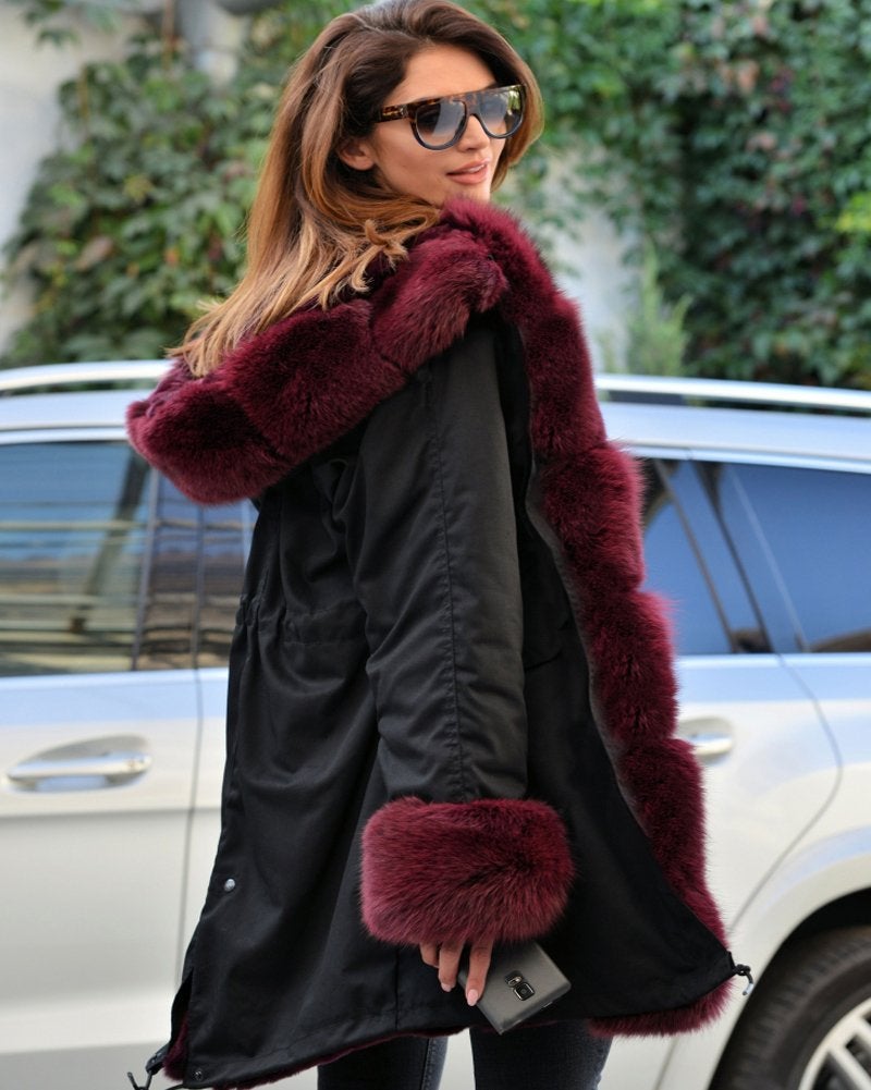 Roiii Women Thicken Warm Winter Coat Hood Parka Overcoat Long Jacket Outwear black wine size:small. - Image 3