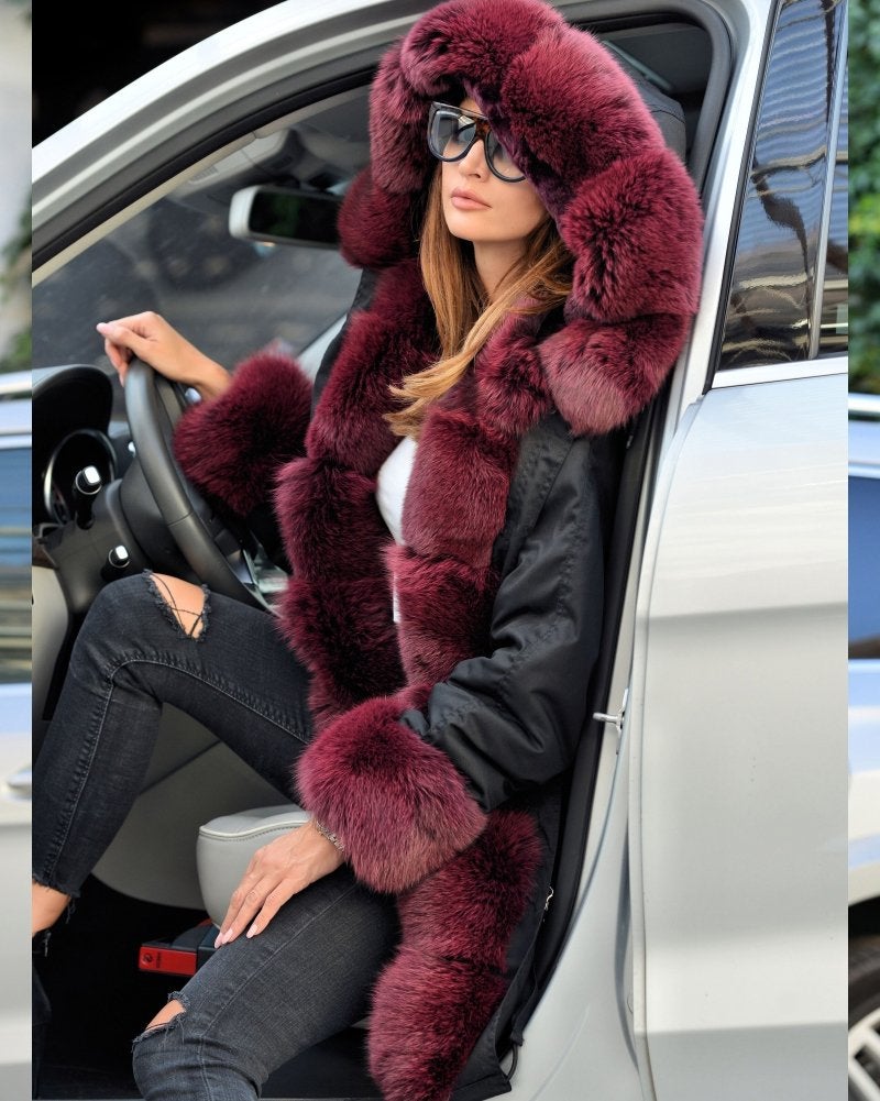 Roiii Women Thicken Warm Winter Coat Hood Parka Overcoat Long Jacket Outwear black wine size:small. - Image 4