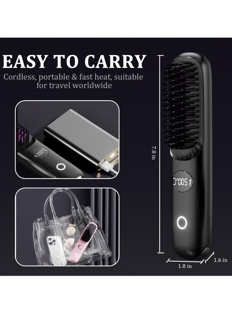 Cordless Hair Straightener Brush, 3 Speed Adjustment Mode, Rechargeable, Compact and Travel-Friendly with LED Display, Anti-Scald Mini Hot Straightening Comb for Women (Black) - Image 3