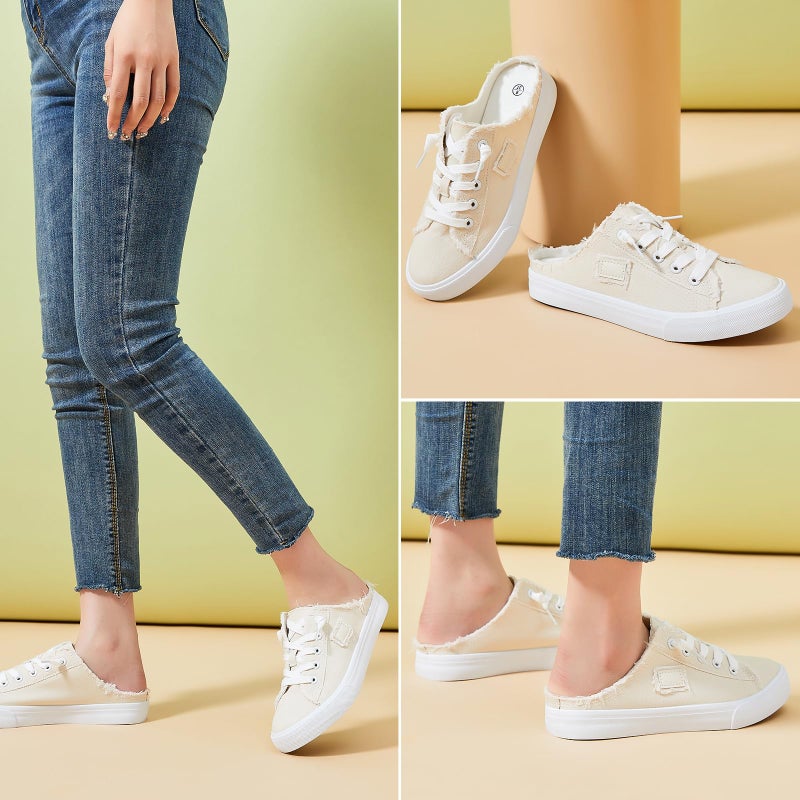 BENPAO Womens Canvas Mules White Slip on Fashion Sneakers Black Loafers Comfortable Casual Shoes for Women(Beige,US9) - Image 2