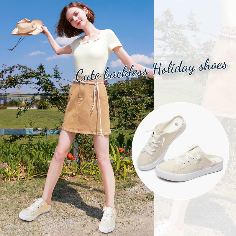 BENPAO Womens Canvas Mules White Slip on Fashion Sneakers Black Loafers Comfortable Casual Shoes for Women(Beige,US9) - Image 4