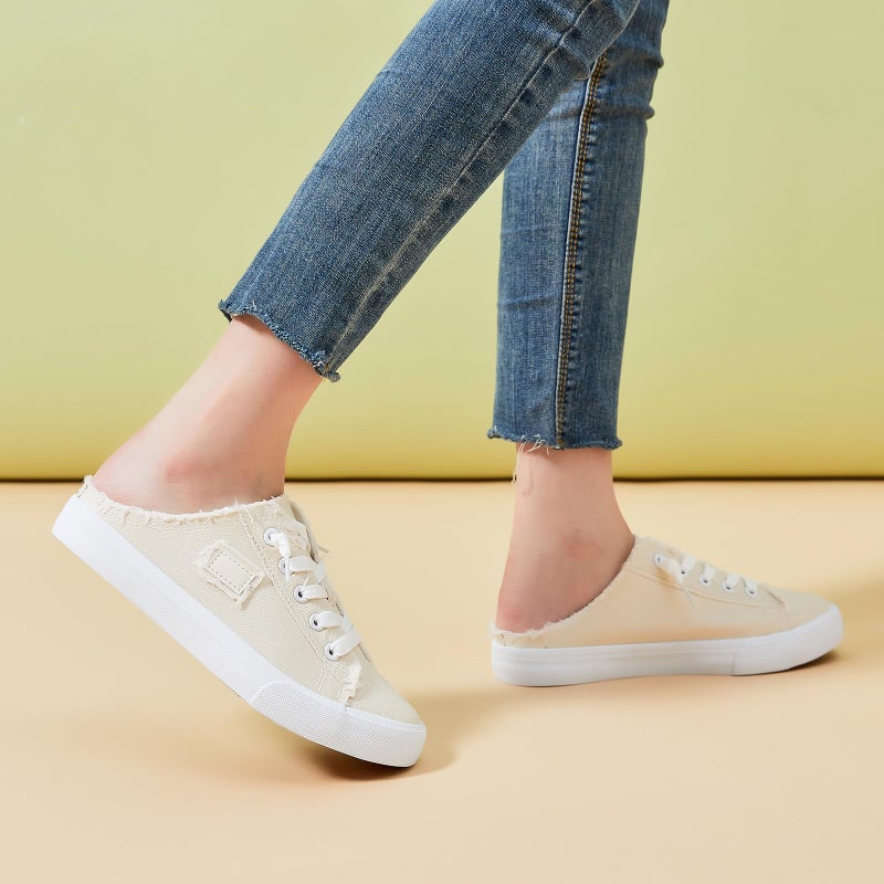 BENPAO Womens Canvas Mules White Slip on Fashion Sneakers Black Loafers Comfortable Casual Shoes for Women(Beige,US9) - Image 3