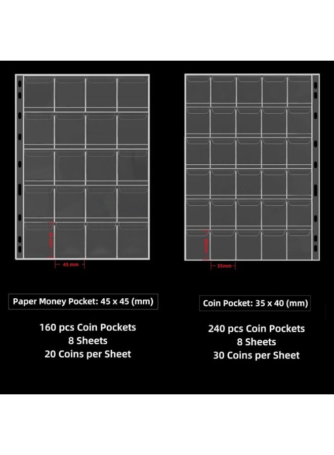 Fireproof Coin Collection Album with Lock, Coin Storage Collecting Organizer for Pennies, Bill, Tokens, Badges, 400 Pockets, 36 Currency Sleeves, Password Protected - Image 3