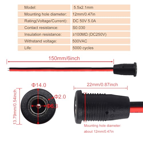 weideer 5Pcs 10A DC-099 DC Power Jack Cord Socket 5.5x2.1MM Threaded Female Mount Connector Adapter with 15CM 20AWG Pre-soldered Wires Waterproof Cover Cap K-078 - Image 4
