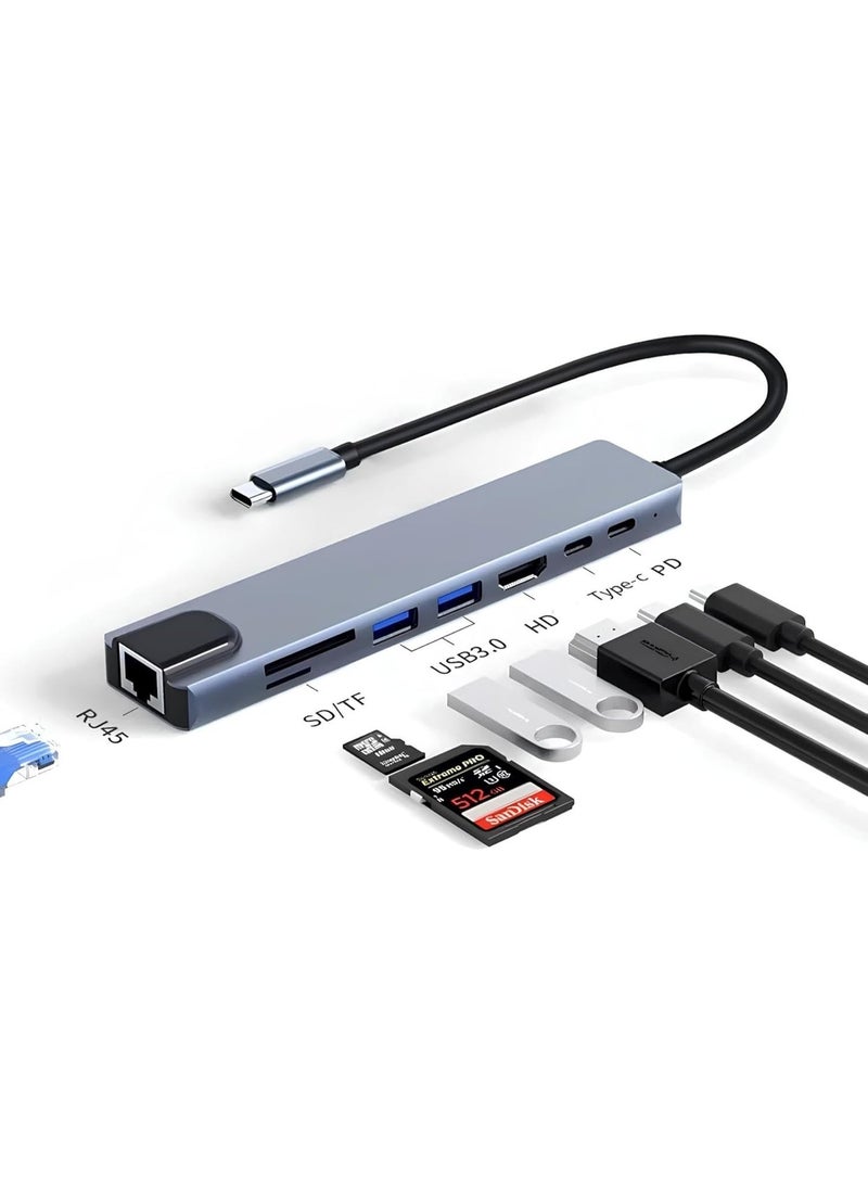 Zero 8-in-1 Type-C to HDTV Electronic Adapter with TJ45 + TF/SD Reader + 2 USB Ports and Type C PD – Compatible with PC, Phones and Tablets – 4K Resolution - Image 1