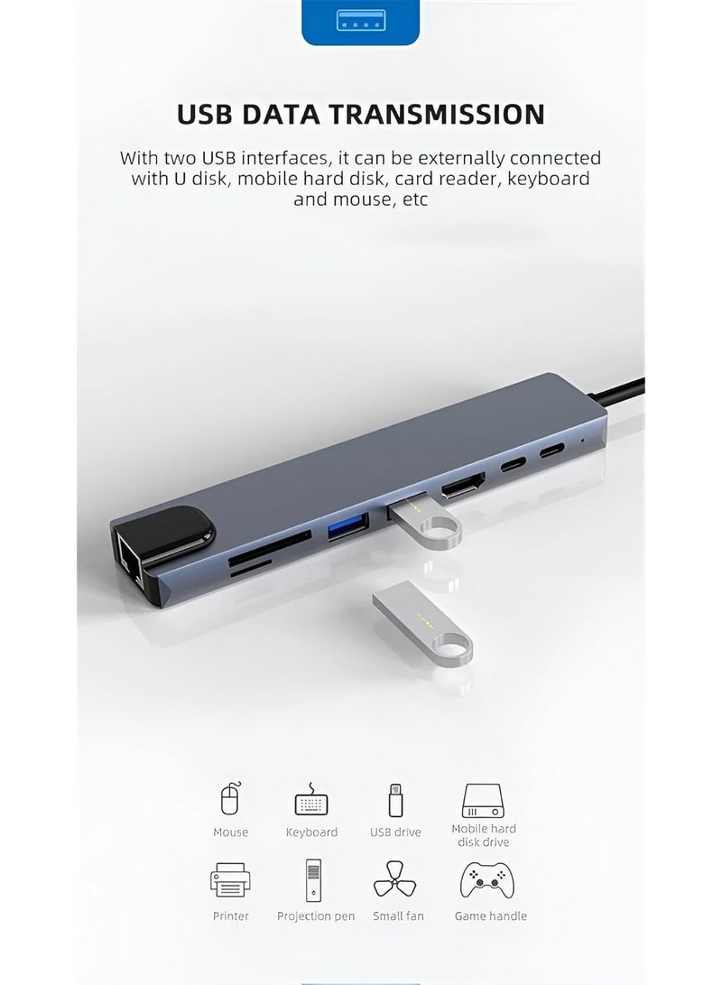 Zero 8-in-1 Type-C to HDTV Electronic Adapter with TJ45 + TF/SD Reader + 2 USB Ports and Type C PD – Compatible with PC, Phones and Tablets – 4K Resolution - Image 4