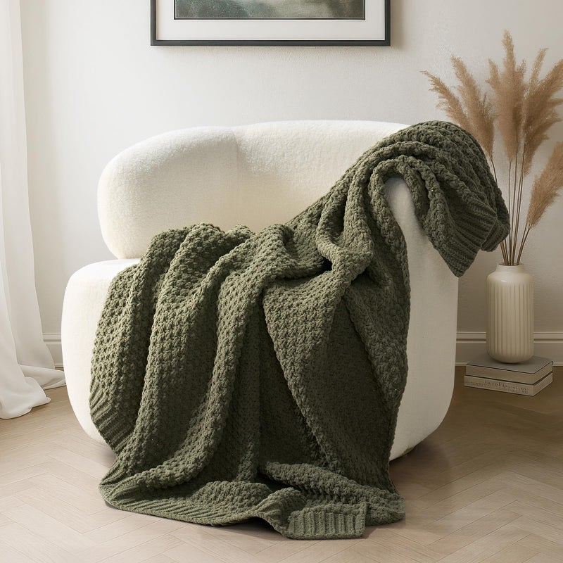 EVERGRACEHOME Chunky Chenille Knit Throw Blanket for Couch, Soft Luxurious Moss Stitch Blankets for Bed, Cozy Decorative Farmhouse Knitted Throws for Sofa, Olive Green, 60" x 80" - Image 1