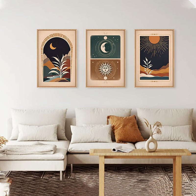 KAIRNE Boho Desert Botanical Framed Canvas Wall Art Set of 3, Bohemian Sun Moon Wall Painting, Mid Century Tropical Leaves Wall Decor, Retro Southwestern Art Print for Living Room, Bedroom 16" x 24" - Image 2