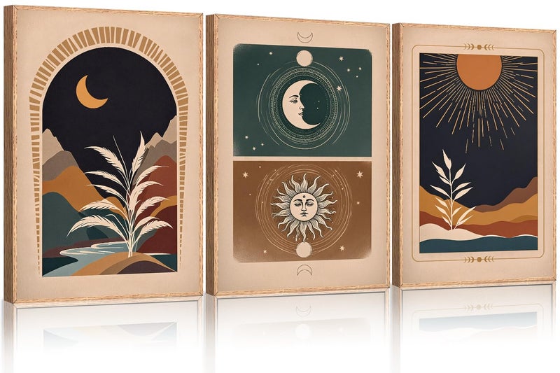 KAIRNE Boho Desert Botanical Framed Canvas Wall Art Set of 3, Bohemian Sun Moon Wall Painting, Mid Century Tropical Leaves Wall Decor, Retro Southwestern Art Print for Living Room, Bedroom 16" x 24" - Image 1