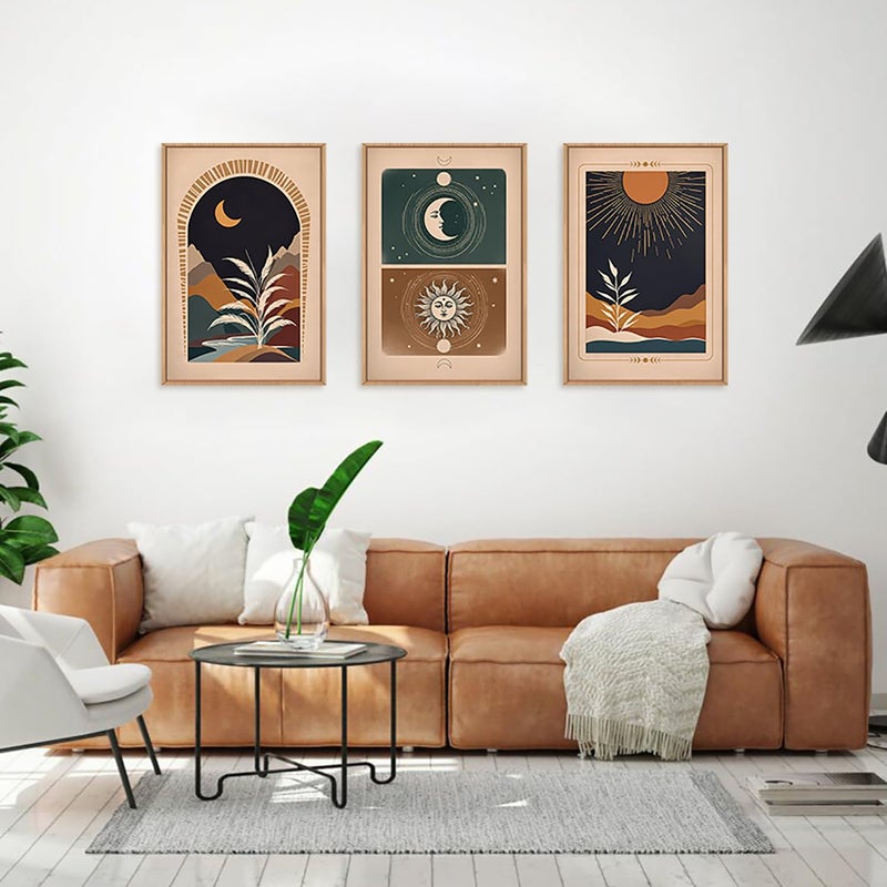 KAIRNE Boho Desert Botanical Framed Canvas Wall Art Set of 3, Bohemian Sun Moon Wall Painting, Mid Century Tropical Leaves Wall Decor, Retro Southwestern Art Print for Living Room, Bedroom 16" x 24" - Image 3