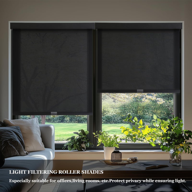 AOSKY Light Filtering Roller Shades Cordless Blinds for Windows, 1% Openness Free-Stop Shades with Valance, Thermal Insulated Fabric, UV Protection, Natural Woven Blindsï¼ˆ20" W x 72" H, Blackï¼‰ - Image 2