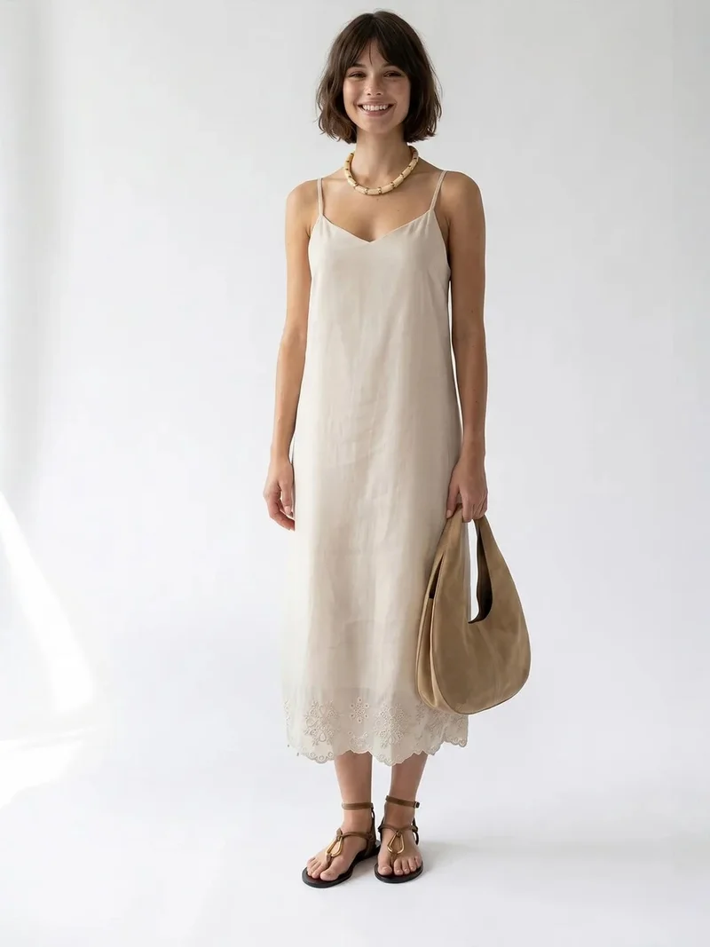 ميكسراي MIXRAY Embroidered A-Line Midi Slip Dress