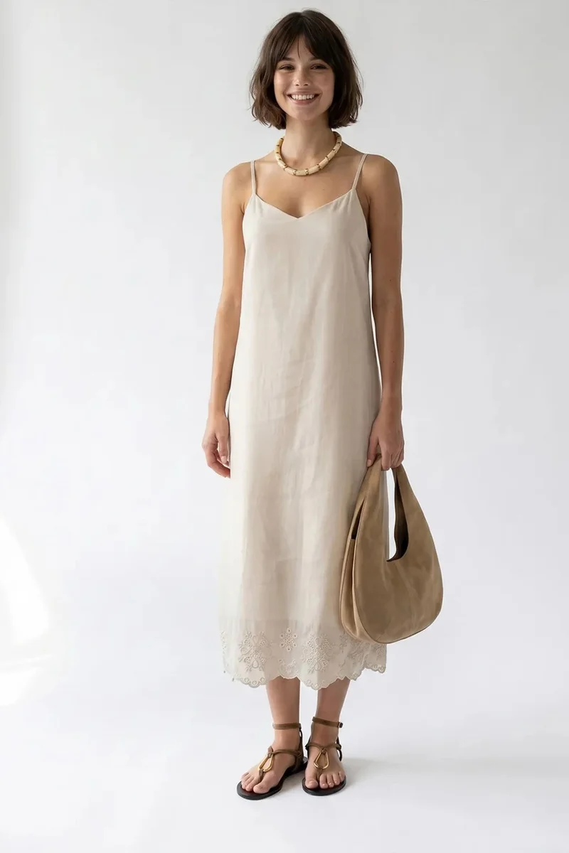 Mixray MIXRAY Embroidered A-Line Midi Slip Dress
