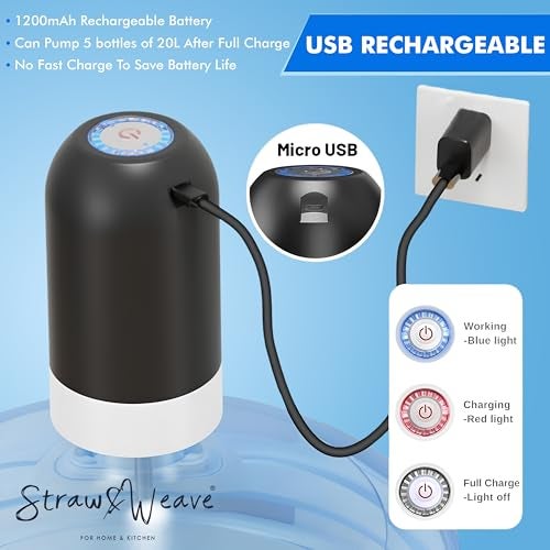 STRAW&WEAVE Automatic Water Dispenser Pump for 20 Litre Bottle | Portable USB Rechargeable Water Pump Dispenser for Home, Office | Water Can Pump for 20 Litre| 1 Year Warranty, White - Image 3