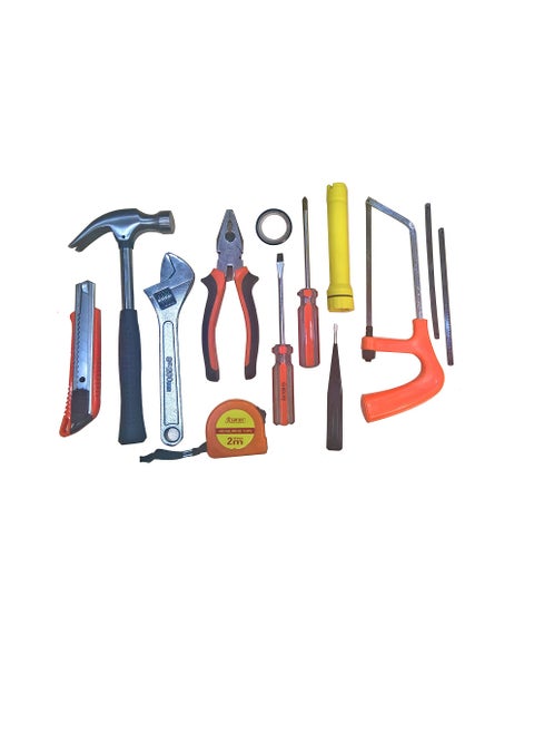 14 Pieces Tool Box - Cutter, Hammer, Wrench, Measuring Tape, Combination Plier, Insulating Tape, 2 Screwdrivers Slot and Philip, Flash Light, Hacksaw Frame with Blades