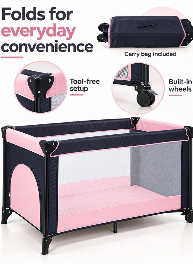 Kidle Foldable Baby Bed and Playpen with Padded Mat, Wheels and Carry Bag, Mesh Sides, 125 x 65 x 78 cm, Pink - Image 5