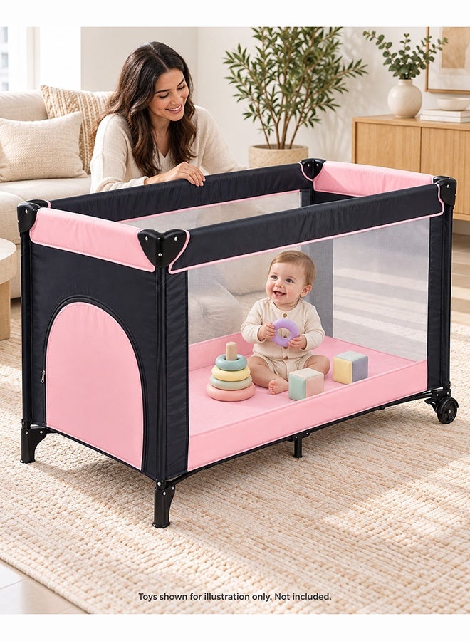 Kidle Foldable Baby Bed and Playpen with Padded Mat, Wheels and Carry Bag, Mesh Sides, 125 x 65 x 78 cm, Pink - Image 2