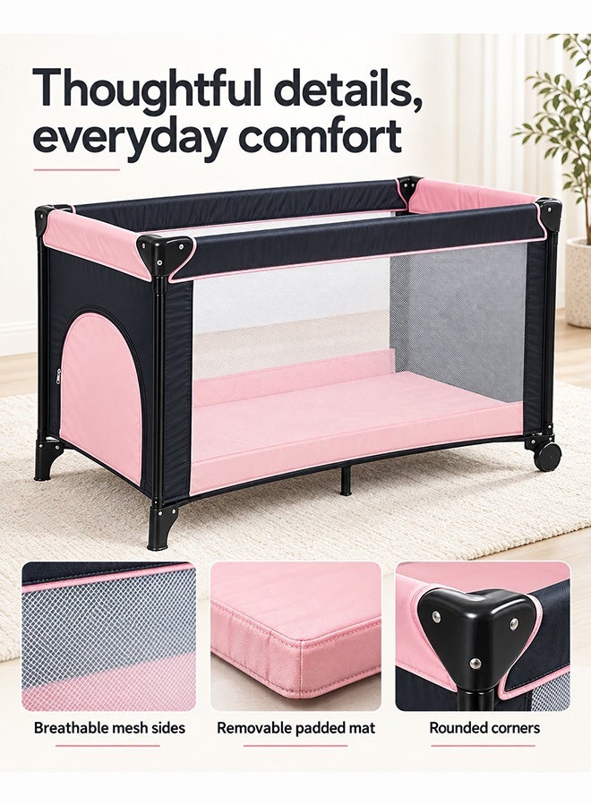 Kidle Foldable Baby Bed and Playpen with Padded Mat, Wheels and Carry Bag, Mesh Sides, 125 x 65 x 78 cm, Pink - Image 4