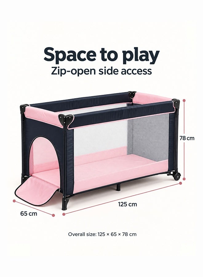 Kidle Foldable Baby Bed and Playpen with Padded Mat, Wheels and Carry Bag, Mesh Sides, 125 x 65 x 78 cm, Pink - Image 3