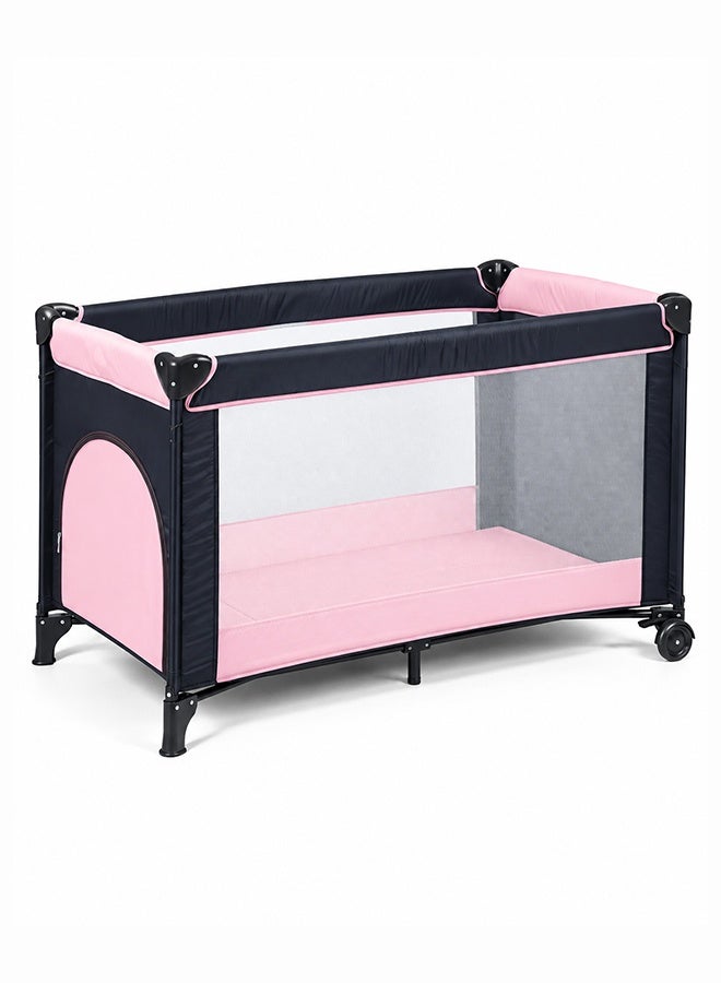 Kidle Foldable Baby Bed and Playpen with Padded Mat, Wheels and Carry Bag, Mesh Sides, 125 x 65 x 78 cm, Pink - Image 1