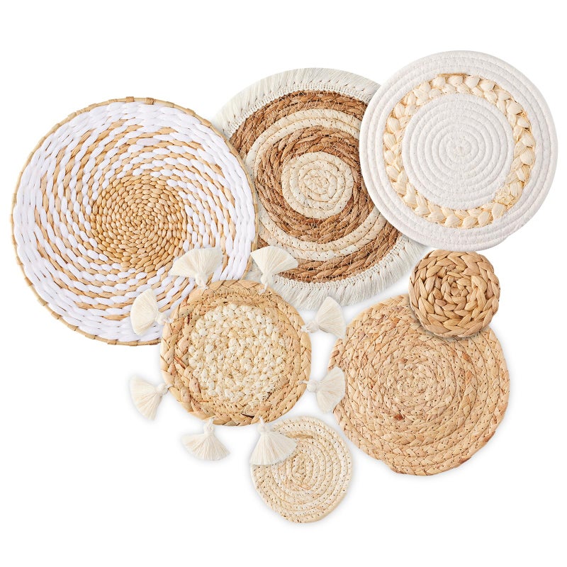 7 Pack Boho Wall Basket Decor Seagrass Rattan Wicker Wall Decor Round Handmade Hanging Rustic Flat Elegant Wall Art for Farmhouse Living Rooms Bedrooms Display Table Settings Kitchen Home
