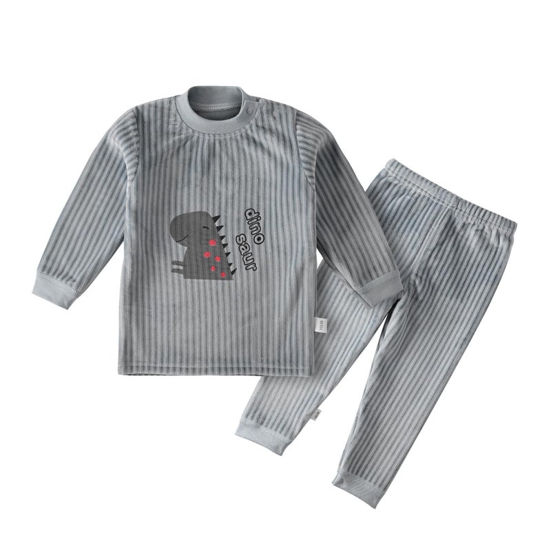 Bold N Elegant Winter Warm Fleece Kid's Dino Print Thick Tshirt and Lower Pajama Clothing Set for Baby Boys Girls Kids (Grey, 6-12 Months) - Image 5