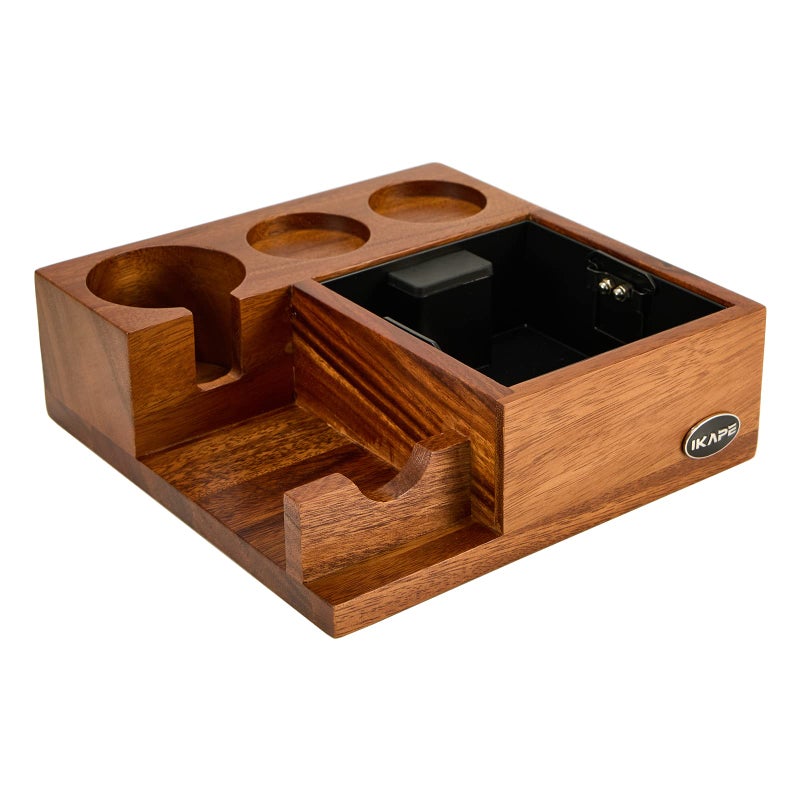 IKAPE IKAPE V3 Espresso Knock Box 58MM Espresso Coffee Organizer Box Fit for Storage 58MM Espresso Tamper Distributor Pure Natural Walnut Base with Special Portafilter Basket Station4 In 1 