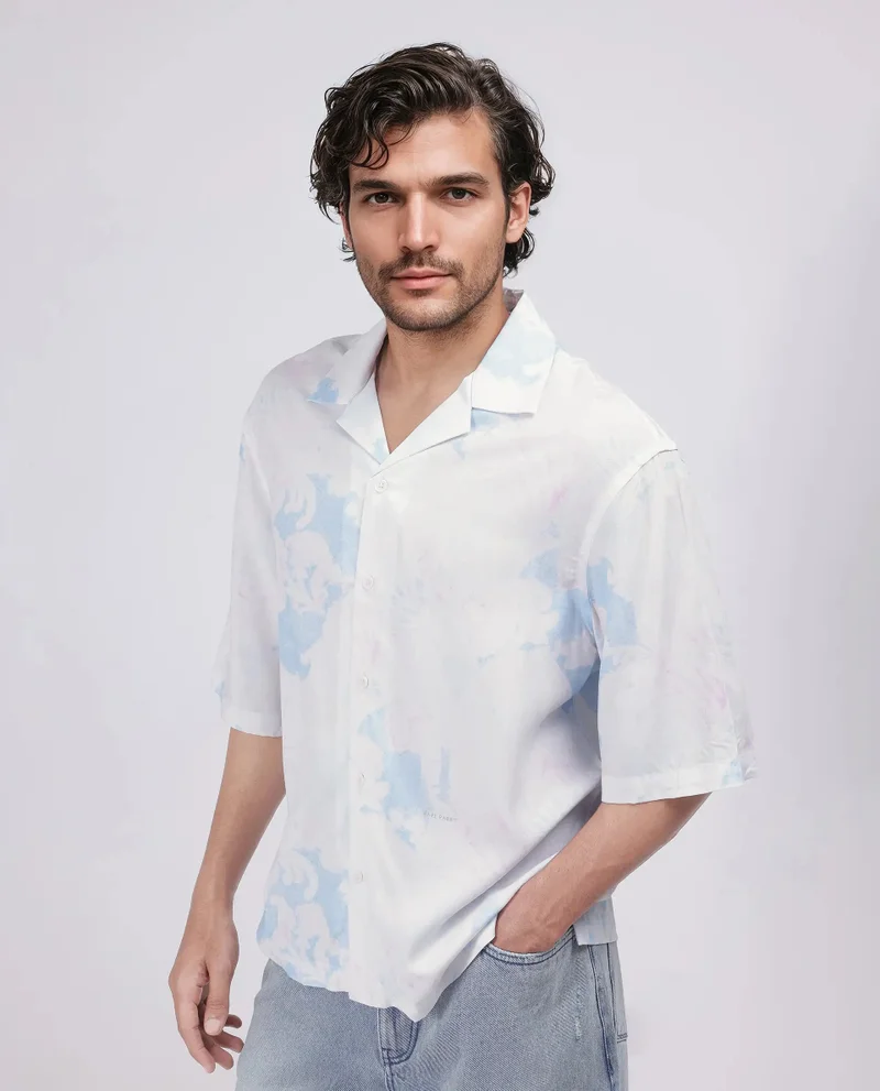 Rare Rabbit Rare Rabbit Men's Ken White Viscose Fabric Half Sleeve Cuban Collar Boxy Fit Abstract Print Shirt