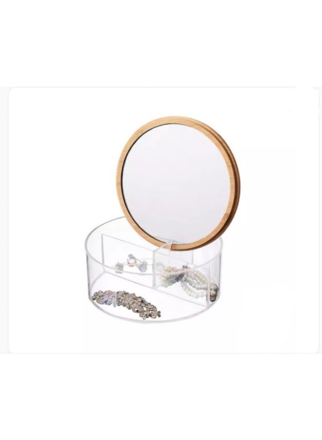 Round Acrylic & Wood Organizer with Built-In Mirror | Multi-Compartment Vanity Storage for Jewelry, Makeup, and Daily Essentials | Stylish and Functional Desk or Dressing Table Organizer - Image 1