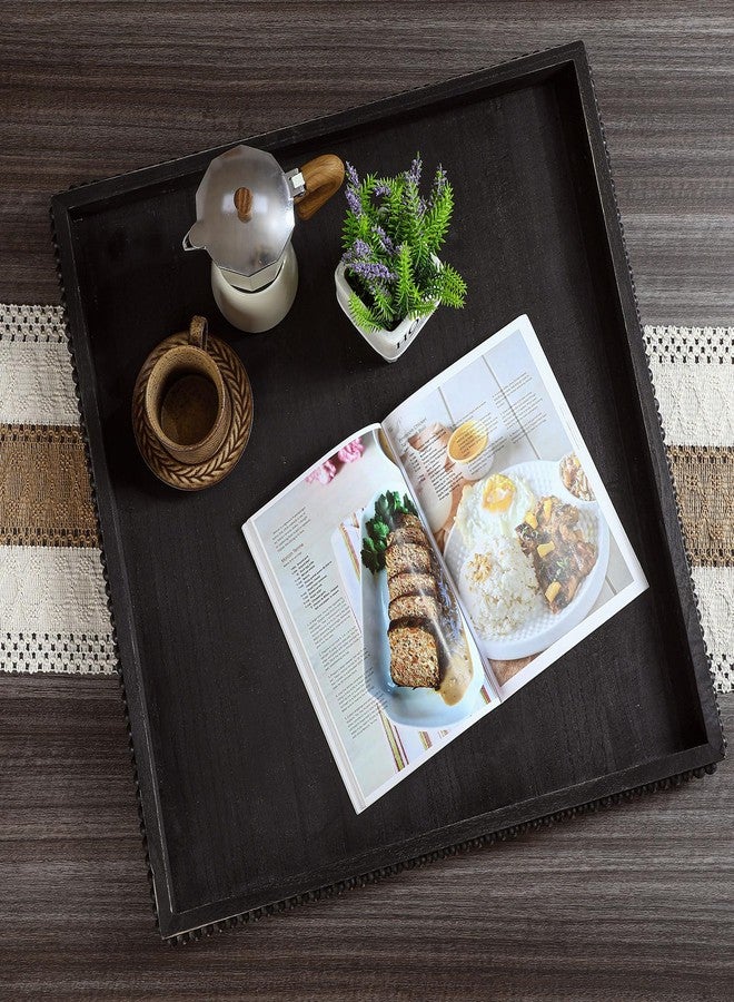 نوجو صينية تقديم مربعة كبيرة جدًا من نوجو، مقاس 24 × 24 بوصة، مزينة بخرز خشبي، صينية تقديم خشبية مغسولة، صينية تقديم مربعة متعددة الاستخدامات، مناسبة لطاولة القهوة أو طاولة المطبخ، لون أسود - Image 4